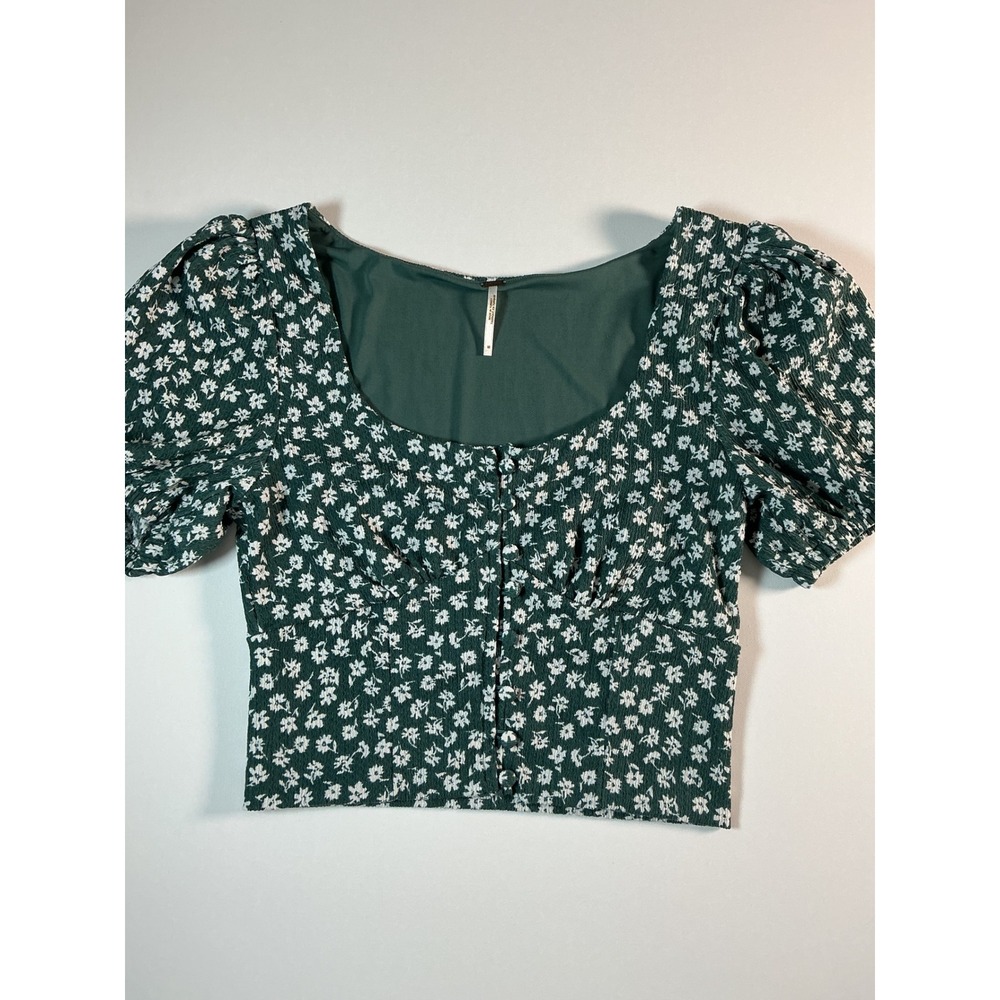 Free People Daisy Chain Sweet Sun Puff Sleeve Crop Top Green Floral Size M